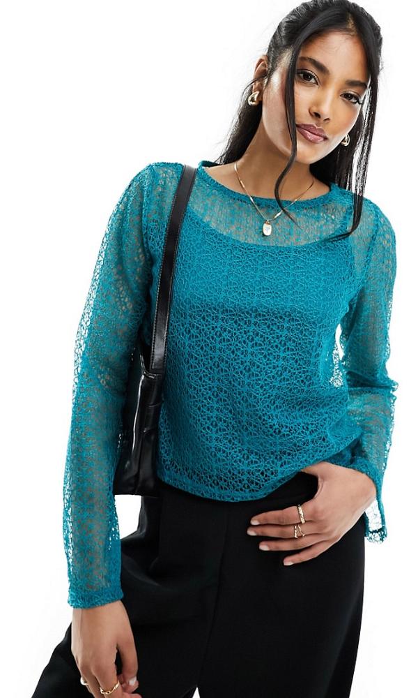 Vero Moda lace overlay long sleeved top with cami lining in deep green
