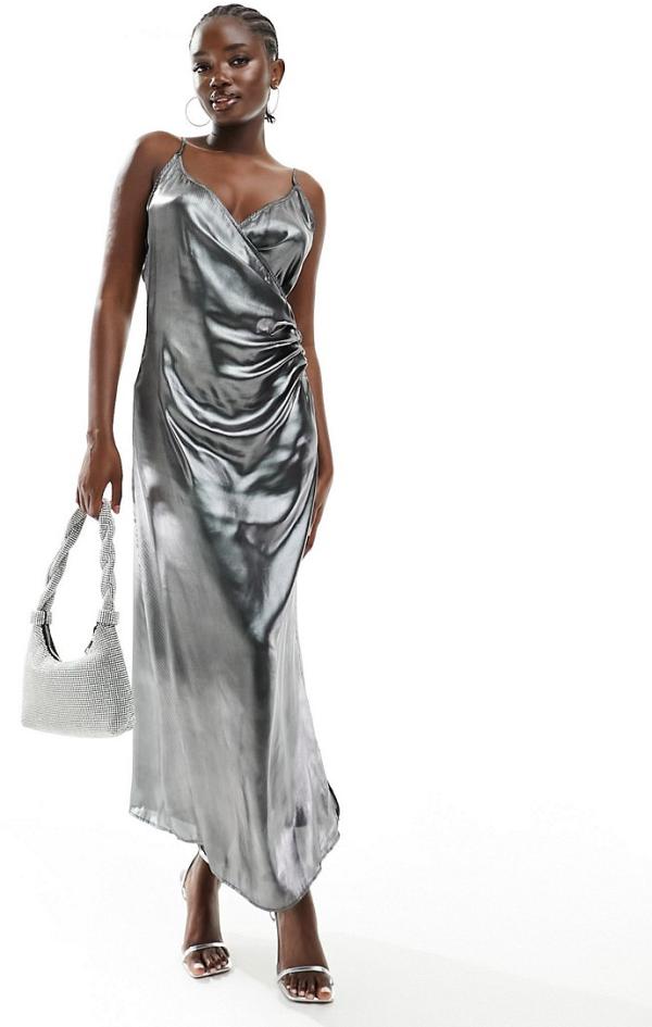 Vero Moda metallic wrap front midi dress in silver