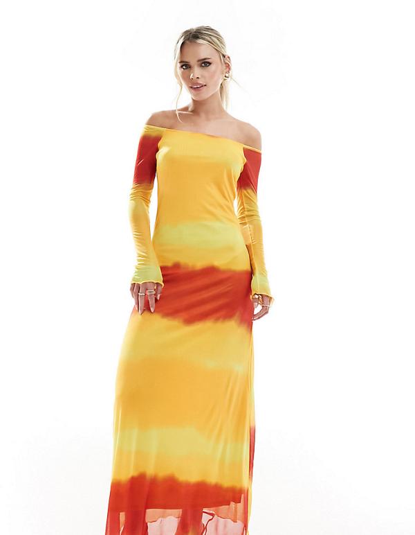 Vero Moda Petite off shoulder mesh dress in sunset ombre stripe-Multi
