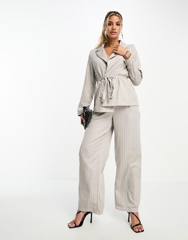 Vero Moda pinstripe relaxed belted blazer in grey (part of a set)