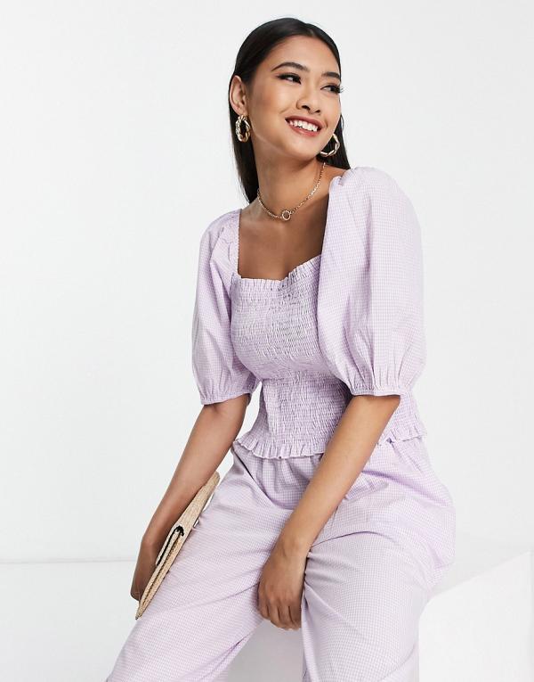 Vero Moda shirred puff sleeve blouse in lilac check (part of a set)-Purple