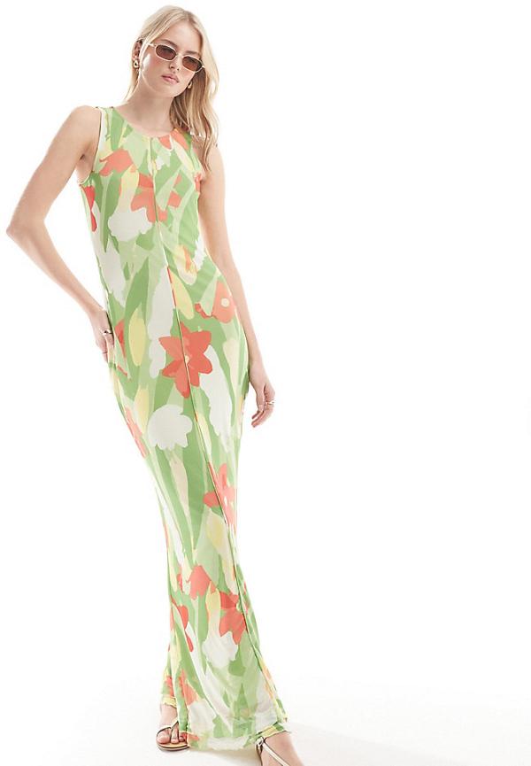 Vero Moda Tall sleeveless lettuce edge mesh dress in green floral print-Multi