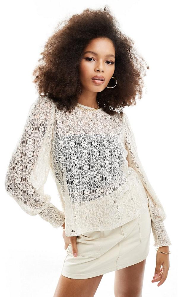 Vero Moda textured lace high neck blouse with cuff sleeves in cream-White