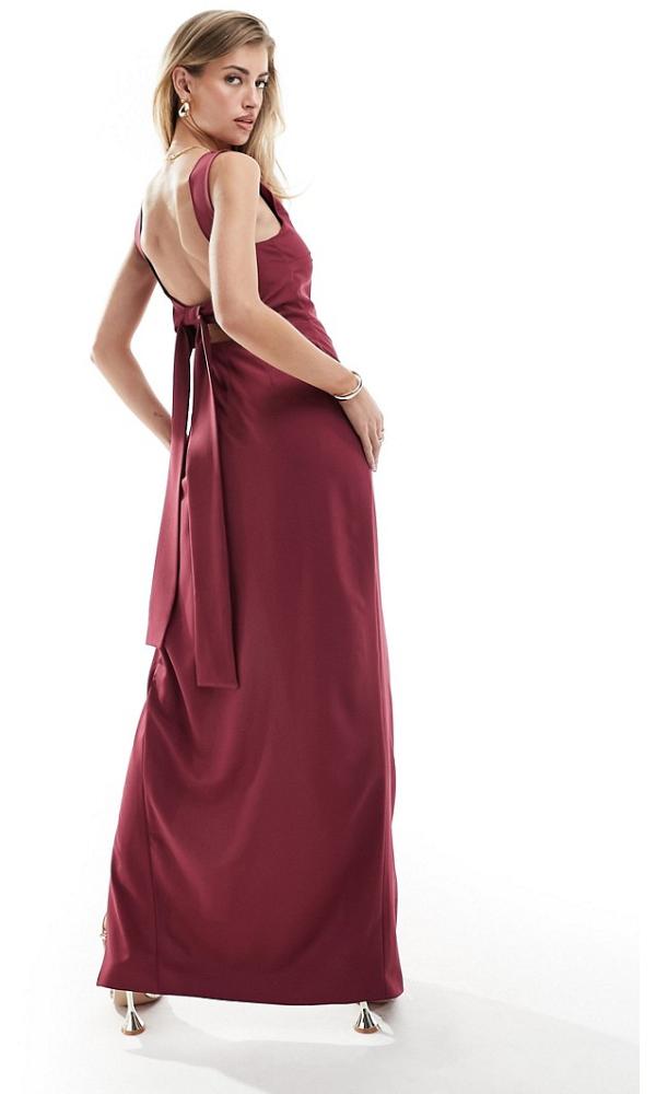 Vesper bow back thigh split maxi dress in burgundy-Red