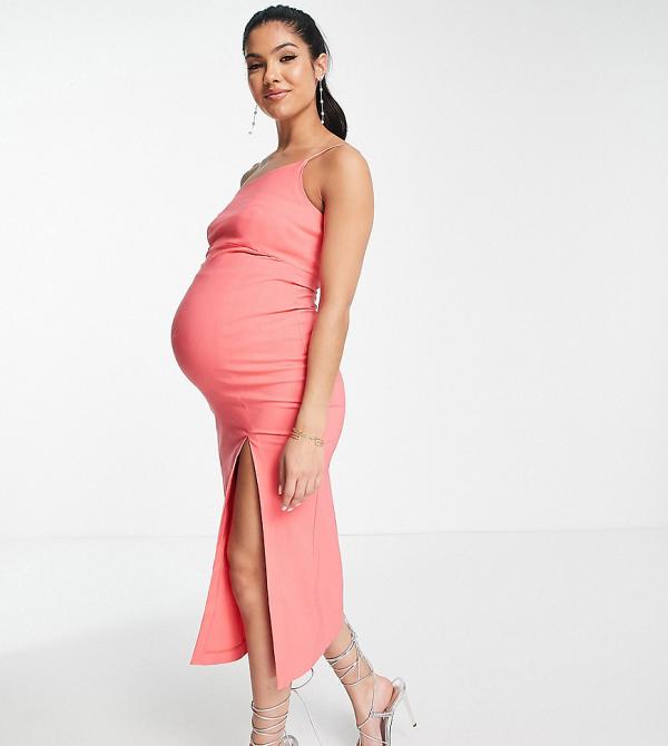 Vesper Maternity strappy front split midi bodycon dress in pink