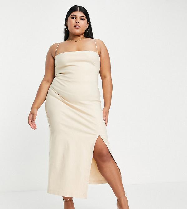 Vesper Plus cami strap midi bodycon dress with thigh split in ecru-White