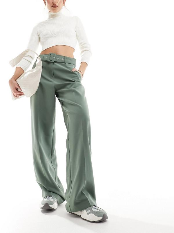 Vila belted high waist tailored pants in green