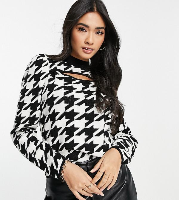 Vila Exclusive knitted top with high neck and cut-out in oversized houndstooth-Multi