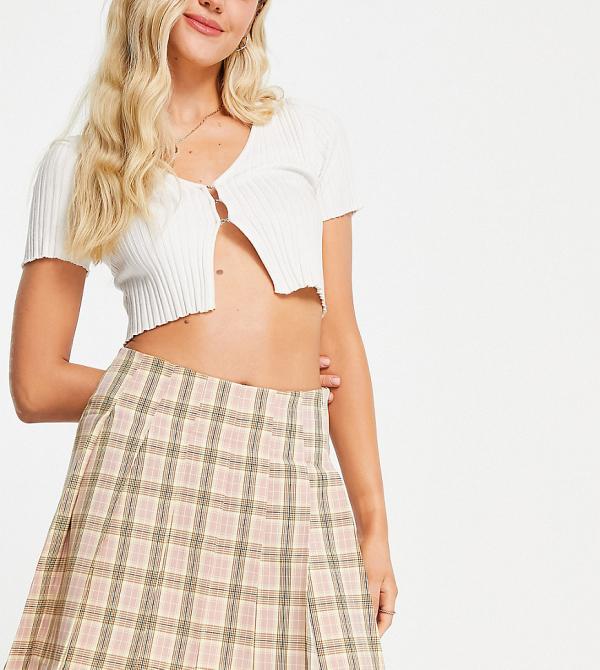 Vila Exclusive pleated mini skirt in pink check-Multi