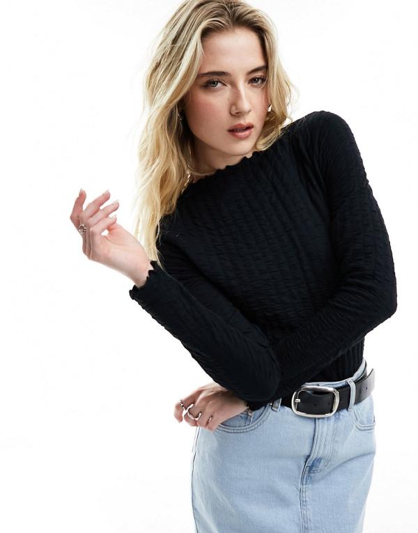 Vila high neck textured long sleeved top with lettuce edge detail in black