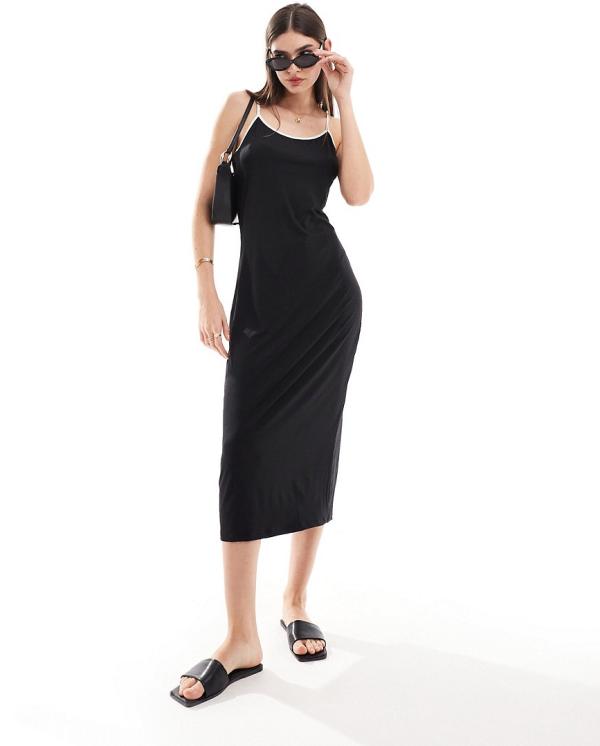 Vila jersey midi cami dress in black with contrast white tipping-Multi