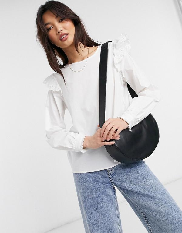 Vila long sleeve t-shirt with frill shoulder detail in white