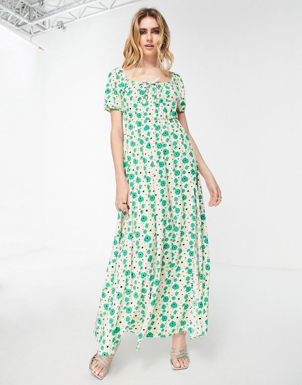 Vila maxi dress with bust detail in green floral print-Multi