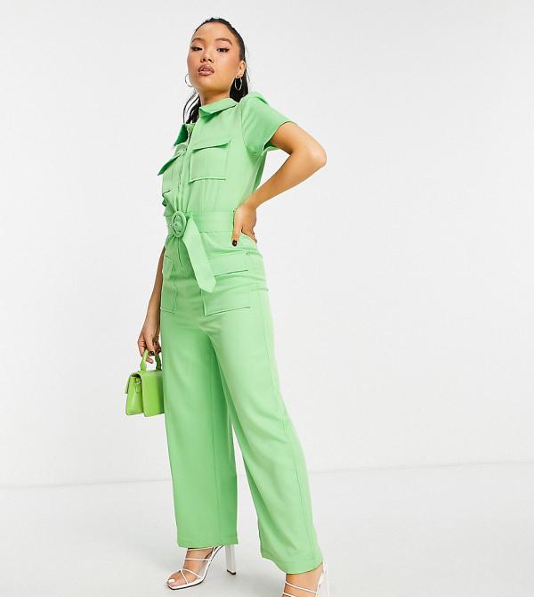 Vila Petite tailored wide-legged jumpsuit with pocket detail in green