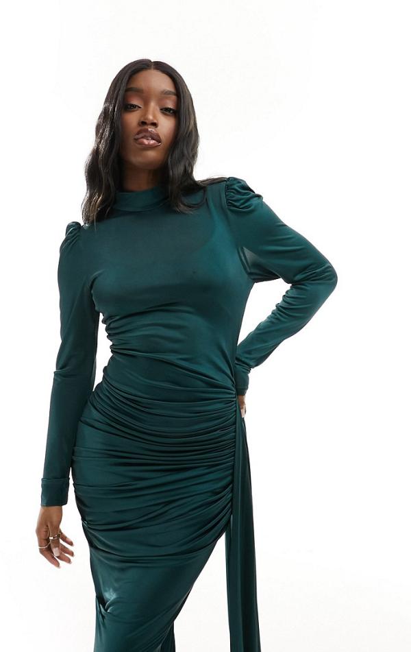 VL The Label maxi ruched high neck dress in dark green