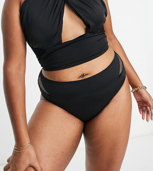 We Are We Wear Plus mid rise bikini bottoms with mesh inserts in black