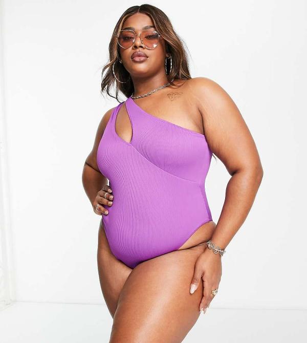 We Are We Wear Plus ribbed one shoulder slash swimsuit in ultraviolet-Purple