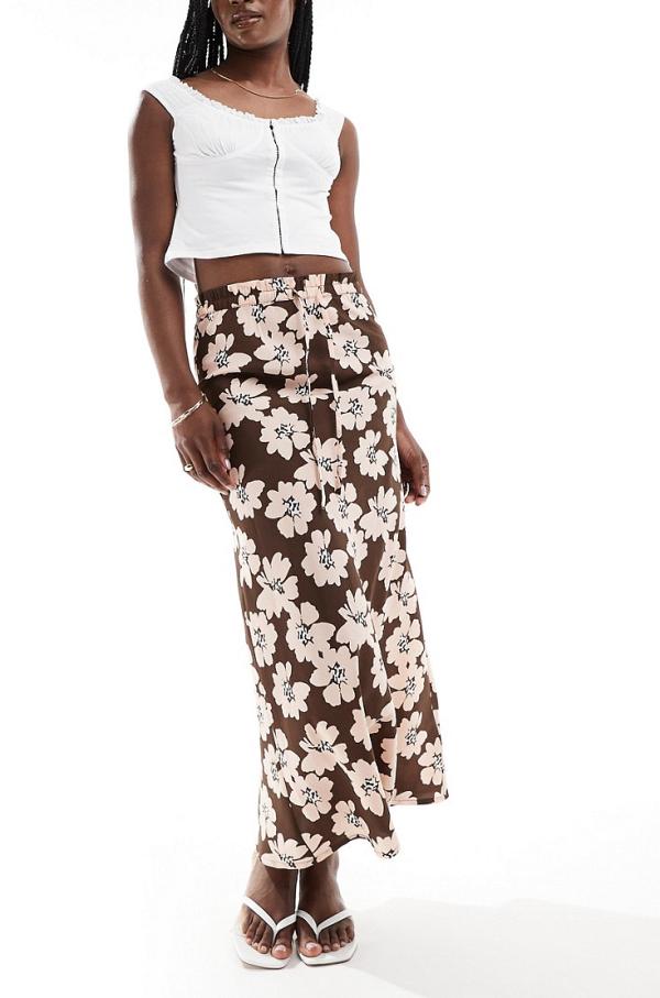 Wednesday's Girl bloom floral bias cut midaxi skirt in brown