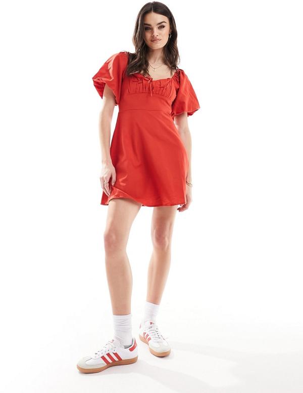Wednesday's Girl bow detail puff sleeve textured mini dress in red-White