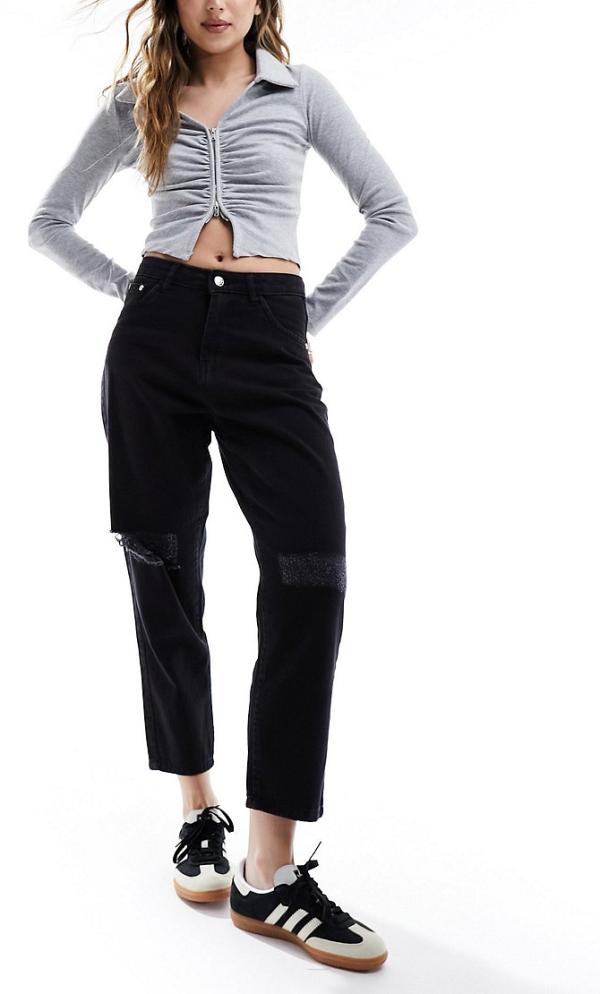 Wednesday's Girl cropped mom jeans with distressed knees in black