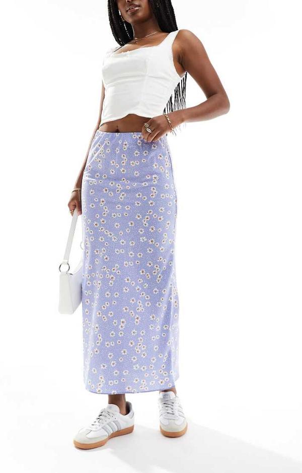 Wednesday's Girl daisy floral midaxi skirt in blue