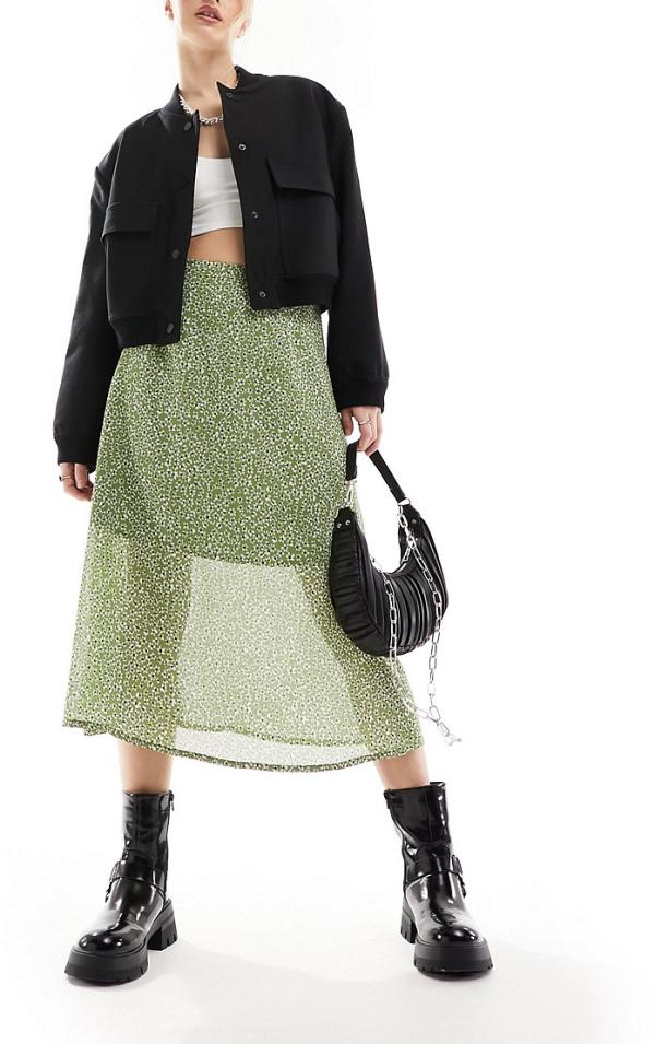 Wednesday's Girl ditsy floral print floaty midi skirt in sage green
