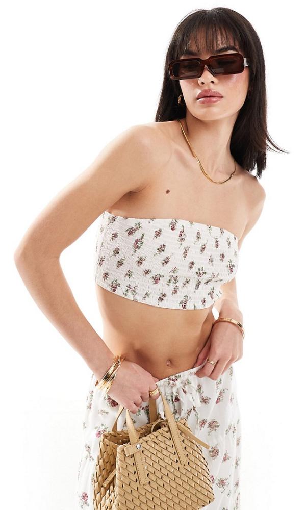 Wednesday's Girl ditsy smocked bandeau crop top in white floral