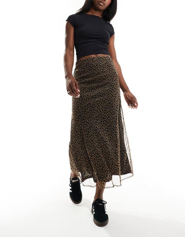 Wednesday's Girl leopard mesh print midaxi skirt in tan-Brown