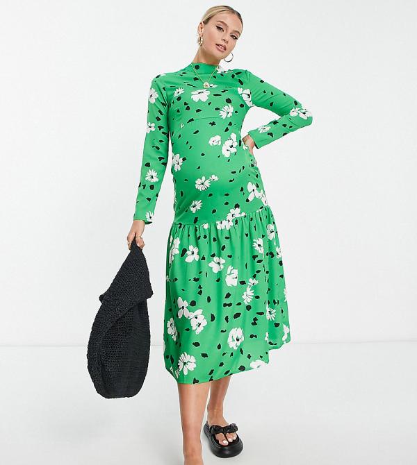 Wednesday's Girl Maternity high neck long sleeve midi smock dress in green floral-Multi