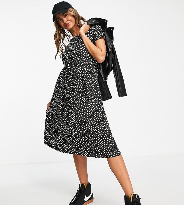 Wednesday's Girl midi smock dress in black smudge spot print