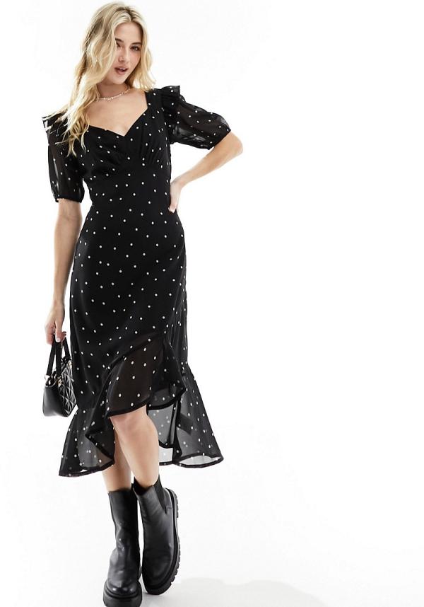 Wednesday's Girl polka dot ruffle sleeve midi dress in black
