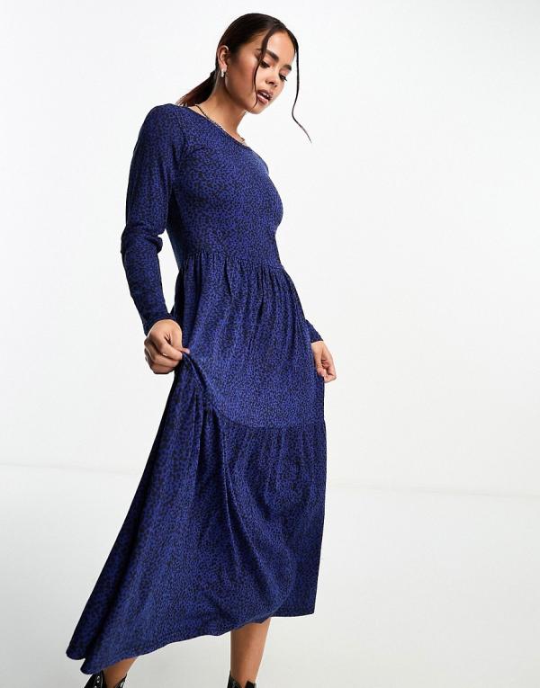 Wednesday's Girl smudge spot tiered midaxi dress in deep navy