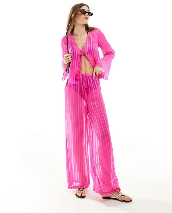Wednesday's Girl tie-detail wide leg beach pants in bright pink (part of a set)