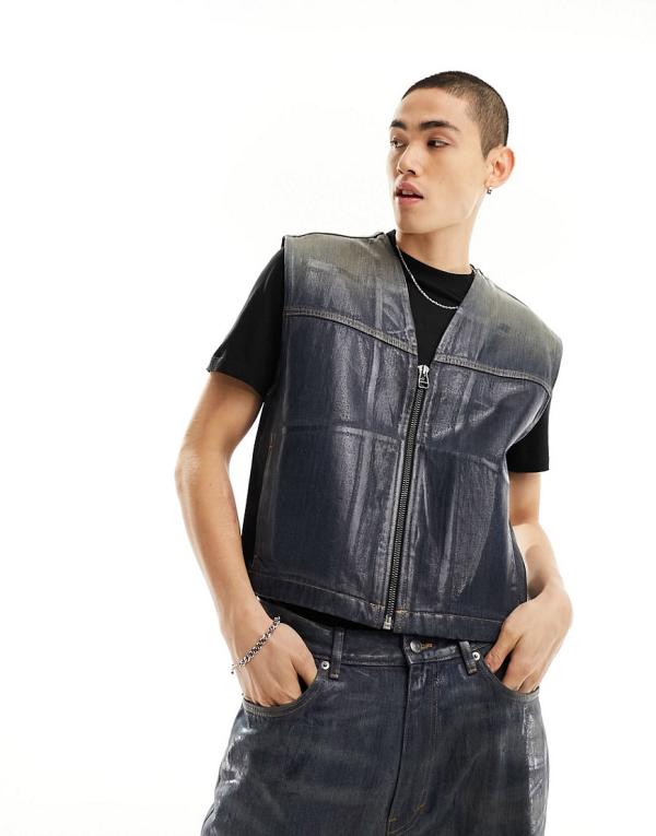 Weekday Aitos wax coated denim zip up vest in blue wash (part of a set)