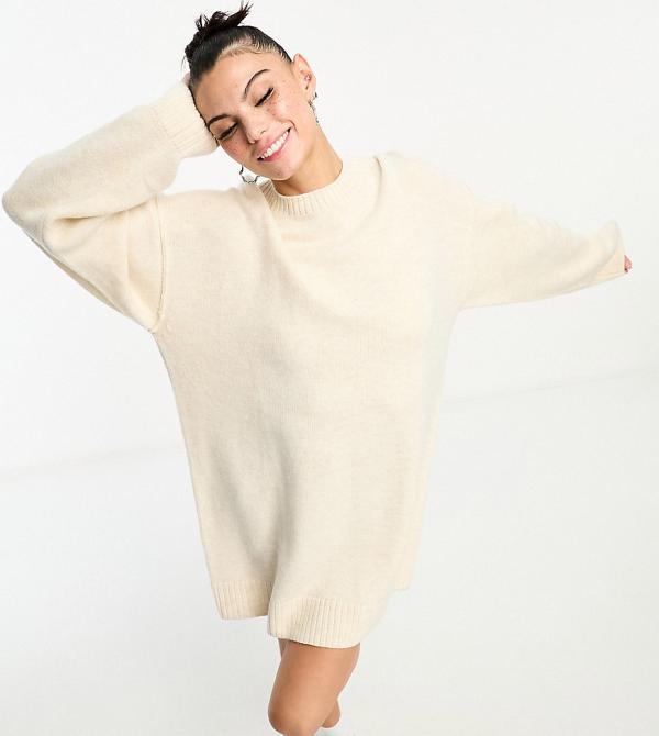 Weekday Eloise wool oversized mini jumper dress in off white melange exclusive to ASOS
