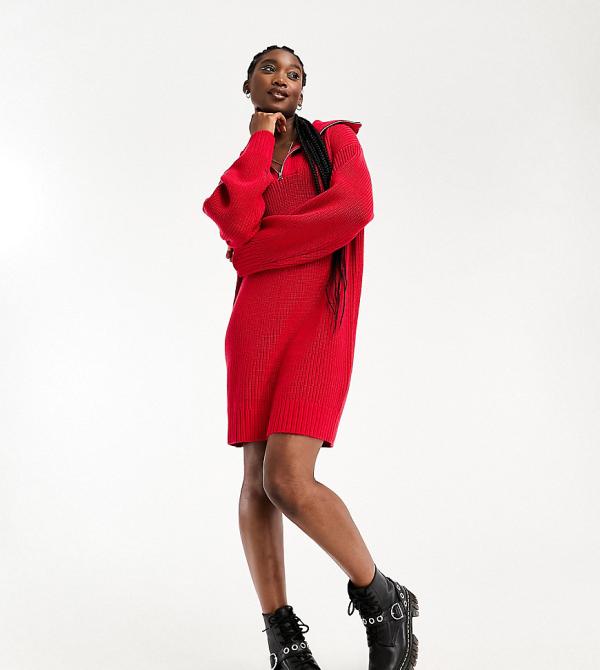 Weekday Grace half zip mini jumper dress in red exclusive to ASOS