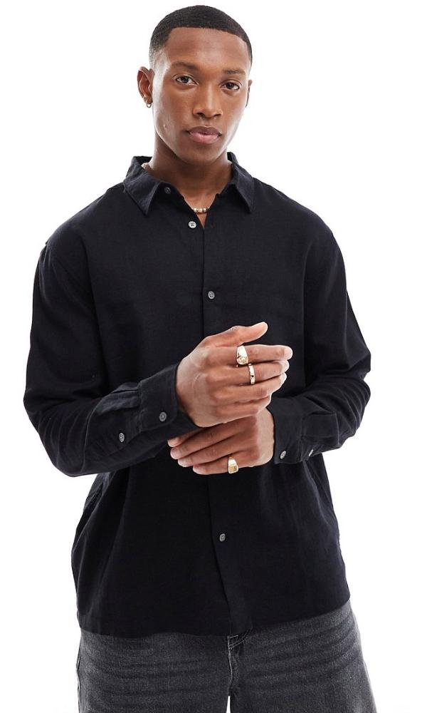 Weekday relaxed fit linen blend shirt in black