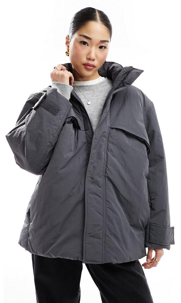 Weekday Windy oversized padded windbreaker jacket in dark grey