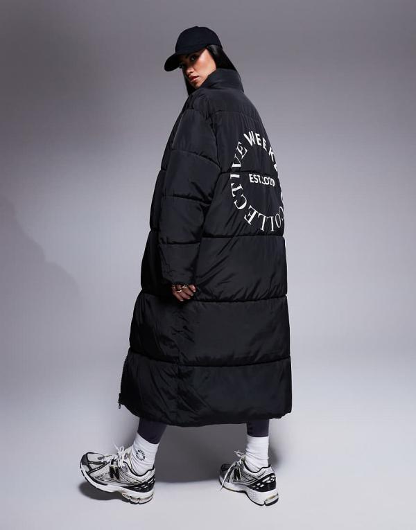 Weekend Collective maxi padded coat with back graphic in black