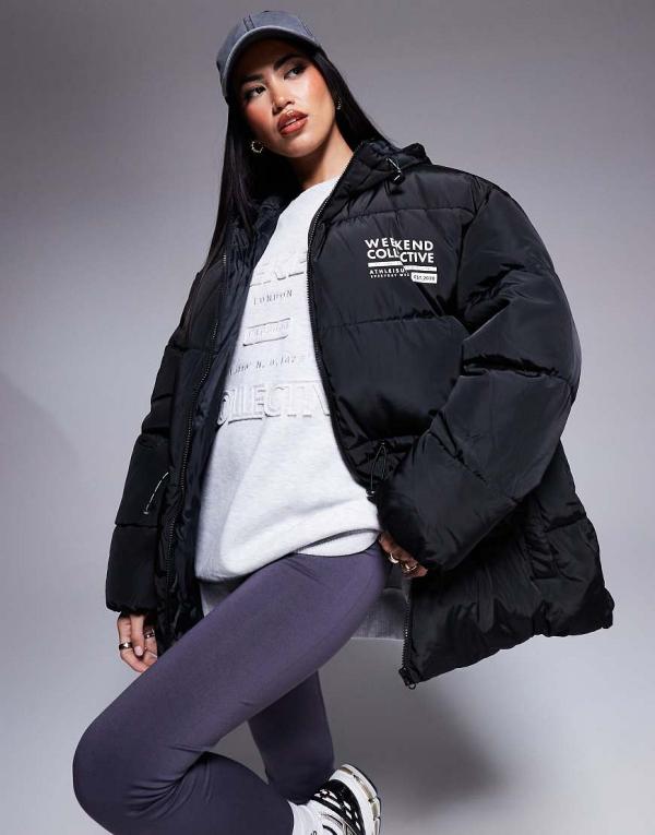 Weekend Collective waisted padded coat with logo in black