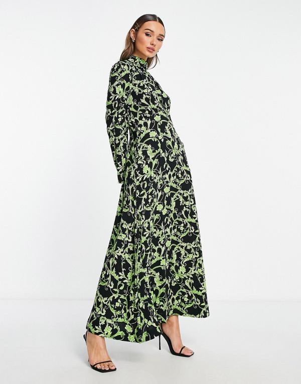 Y.A.S high neck printed maxi dress in green floral-Multi