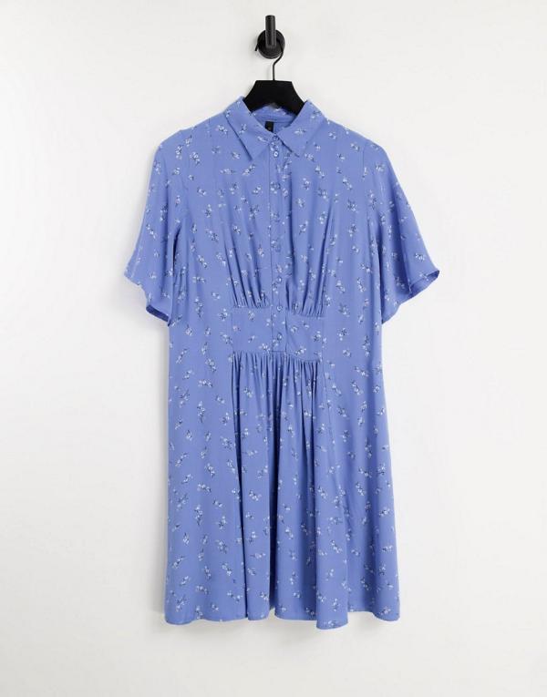 Y.A.S kimono sleeve mini shirt dress in blue floral print-Multi