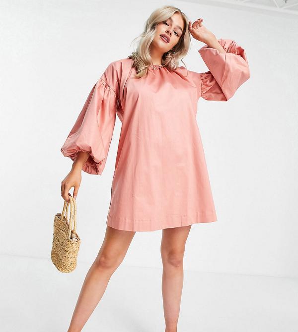 Y.A.S Petite cotton volume sleeve mini smock dress in terracotta - BROWN