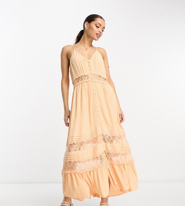 Y.A.S Petite lace insert cami maxi dress in apricot-Orange