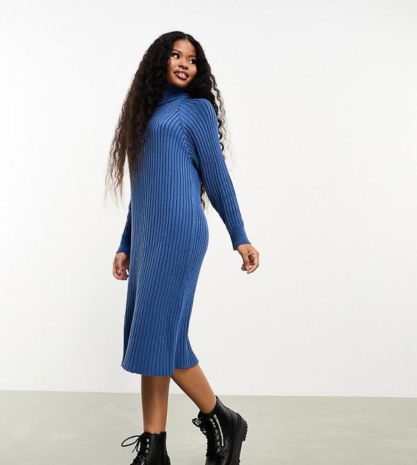 Y.A.S Petite ribbed roll neck jumper midi dress in blue