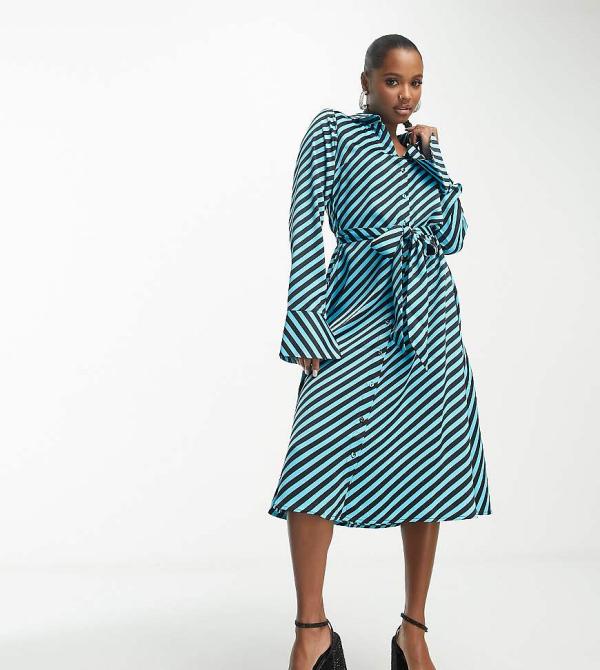 Y.A.S Petite satin maxi shirt dress with tie belt in blue diagonal stripe