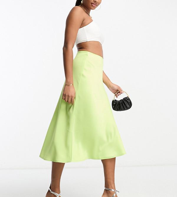 Y.A.S Petite satin midi skirt in lime green