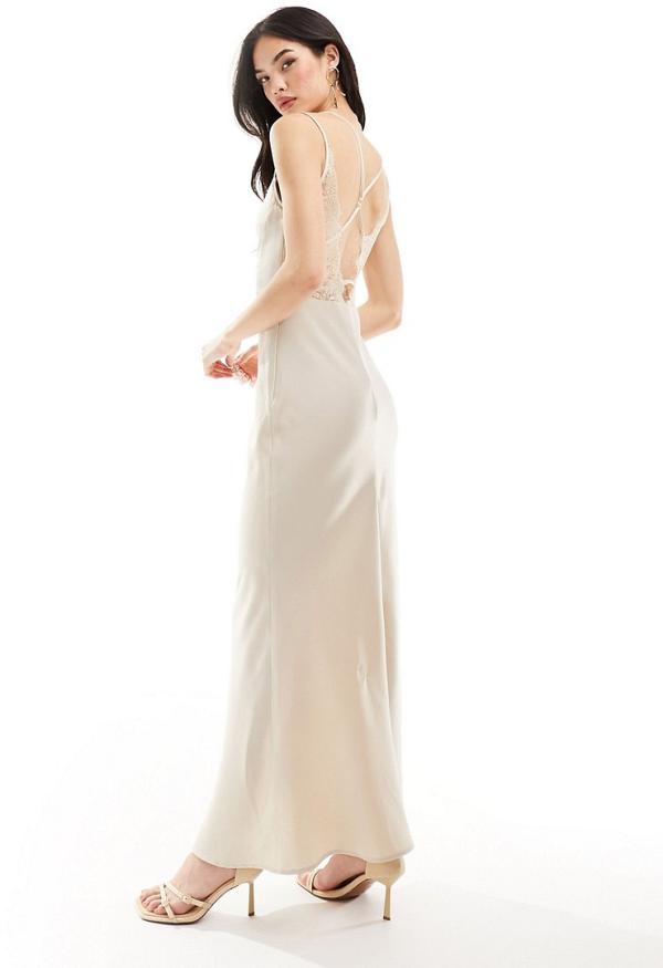 Y.A.S satin cami maxi dress with lace detail in champagne-Neutral