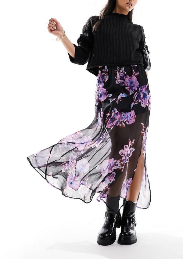 Y.A.S sheer maxi skirt in dark based oversized floral print-Black