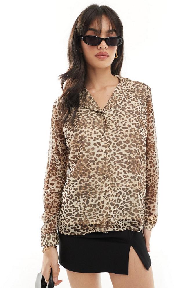 Y.A.S sheer open neck chuck on shirt in leopard print-Multi